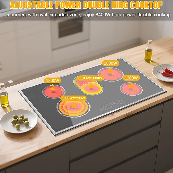 Electric Cooktop 36 Inch, 5 Burners Electric Stove Top Touch Control, 8400W Built-in Ceramic Stovetop 36" with Expandable Zone, Child Lock, Timer, Pause Control, 220-240v Hardwired (No Plug)