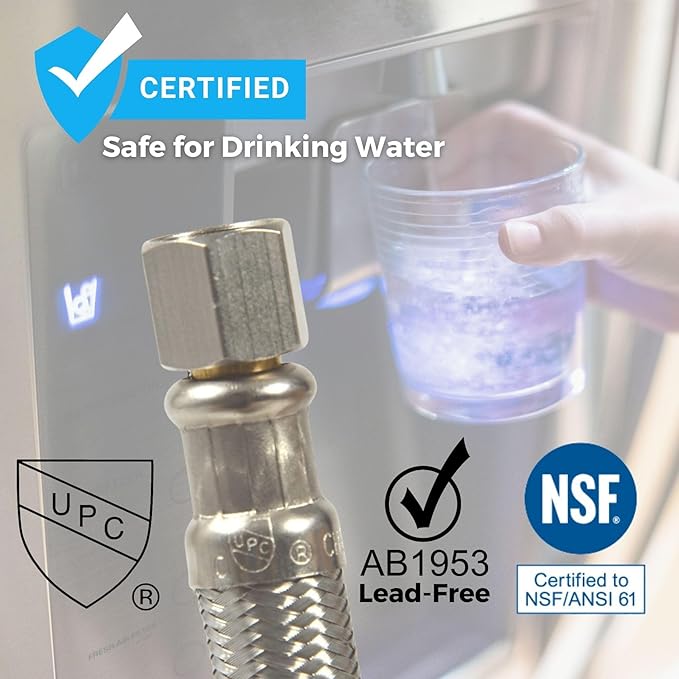 Refrigerator Icemaker Hose (10 FT) - Universal Fit to ALL Refrigerator Brands - Icemaker Water Supply Line - ¼” x ¼” Connections - SS Refrigerator Supply Hose for Ice & Water