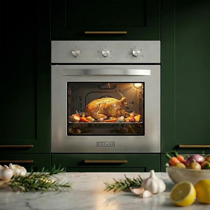 Empava 24 Inch Natural Gas Single Wall Oven with 5 Cooking Modes, Convection Fan and Rotisserie, Knob Control, Stainless Steel