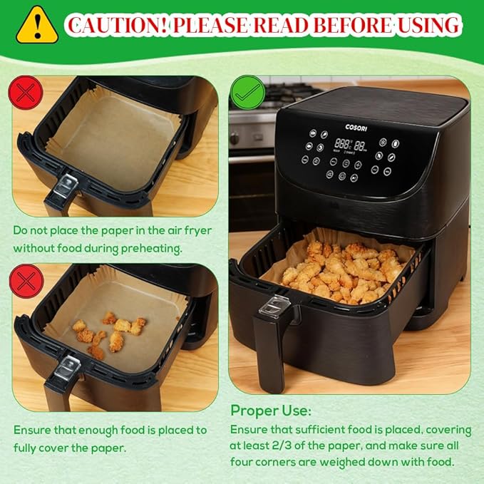 BYKITCHEN 300PCS Disposable Air Fryer Paper Liners for Ninja AF141 5 QT Pro AF181 6.5QT, Cosori Chefman 6 QT &Other 5 to 8Qt Airfryer, 8in Square Air Fryer Parchment Paper, Airfryer Basket Accessories