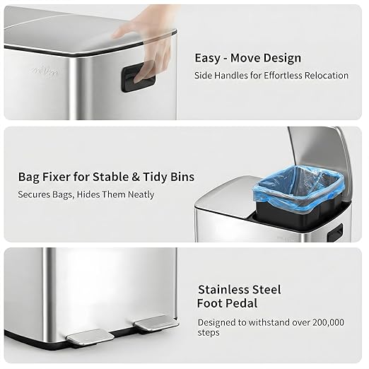 mVm Dual Compartment Trash Can, 10.6 Gal (2x5.3 Gal) Dual Compartment Kitchen Trash Can with Double Layer Lids, Wide Type Modern Kitchen Decor Office Garbage Can(Silver)
