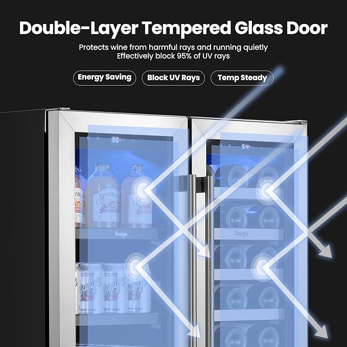 Yeego 24 Inch Wine and Beverage Refrigerator - 80 Cans & 33 Bottles Wine Fridge with Glass Door, 36-72°F Built-In or Freestanding Dual Zone Wine Cooler for Kitchen Bar Office Beer Soda Drink