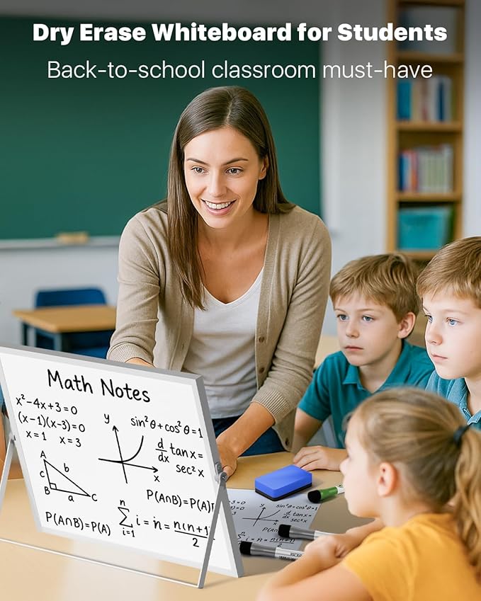 Dry Erase White Board with Stand,Double-Sided Weekly Whiteboard 16"x12", 10 Markers, 6 Magnets, 1 Eraser, Portable Desktop Whiteboard for Planning,Weekly Schedule Board for School for Home