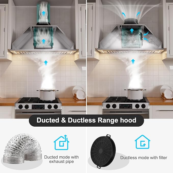 BRANO Range Hood Insert 30 Inch, 900 CFM Smart Voice/Gesture/Touch Control, 4 Speed Exhaust Fan, Stainless Steel Kitchen Hood with Charcoal Filter, Ducted/Ductless Convertible