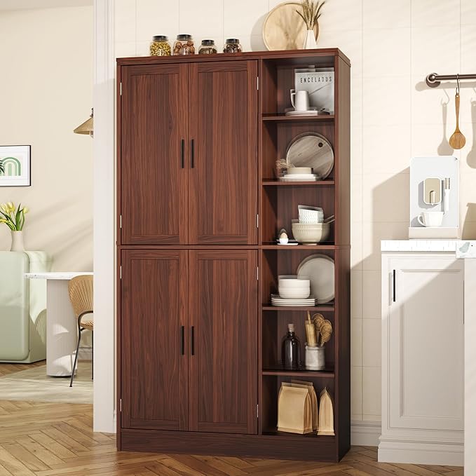 63" Tall Brown Kitchen Pantry, Freestanding Storage Cabinet with 4 Doors, Adjustable Shelves for Dining Room, Laundry Room