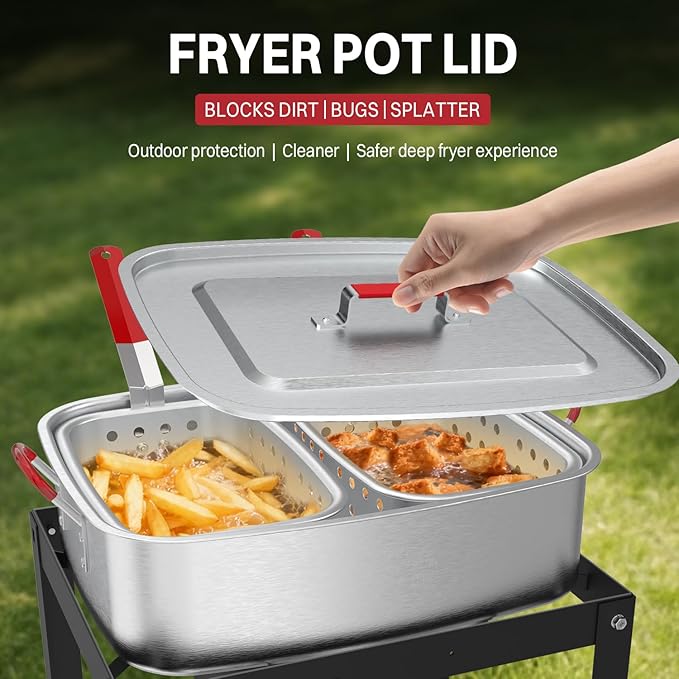 18QT Aluminum Deep Fryer Pot with 2 Baskets | Lid | 9" Fryer Tong | 6" Thermometer | Outdoor Fish Fryer Pot | Ideal for Frying Fish | French Fries | Chicken Wings