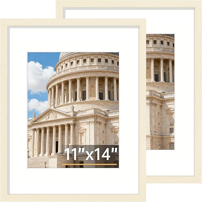 Vittanly 11x14 Picture Frame Set of 2, Solid Wood Frame for Wall Art Photo and Prints, Display Photo 8x10 with Mat or 11x14 without Mat, White
