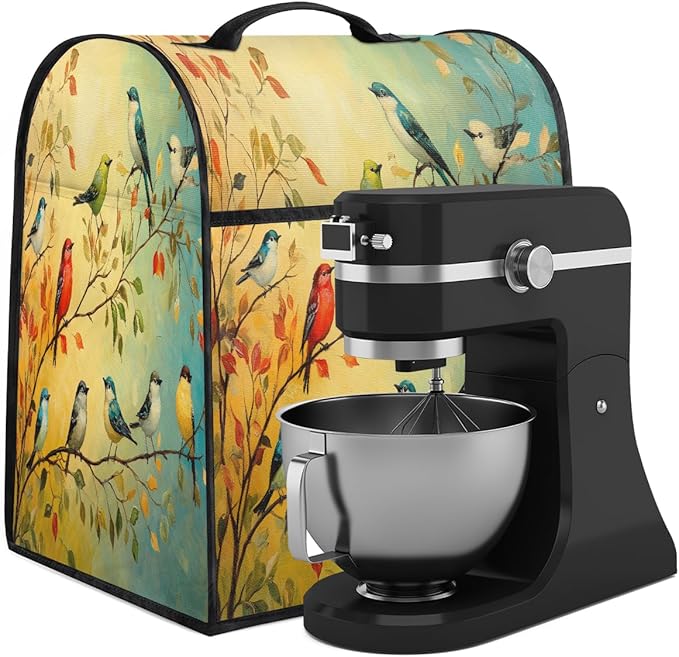 Kitchen Aid Mixer Cover Color Birds Leaves Animal Stand Mixer Cover Compatible with 6-8 Quarts Stand Mixers, Dust Covers with Zipper Pocket Foldable Washable Kitchen Aid Organizer Bag