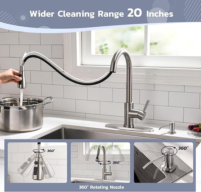 WEWE Kitchen Sink Faucet with Soap Dispenser, Lead-Free Kitchen Faucet with Pull Down Sprayer 3 Modes Stainless Steel Single Handle Single Hole Pull Out Brushed Nickel Faucet for Bar Laundry RV Sink
