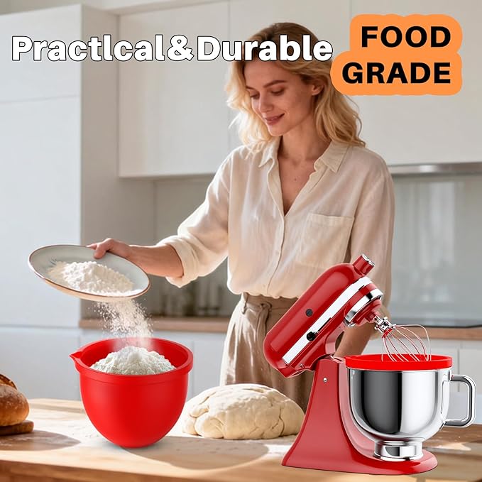 Silicone Bowl Liner for 5 Qt Tilt-Head Stand Mixers - Reusable Kitchen Mixing Bowl Insert, Flexible Easy-Release Liners for Baking (Red)