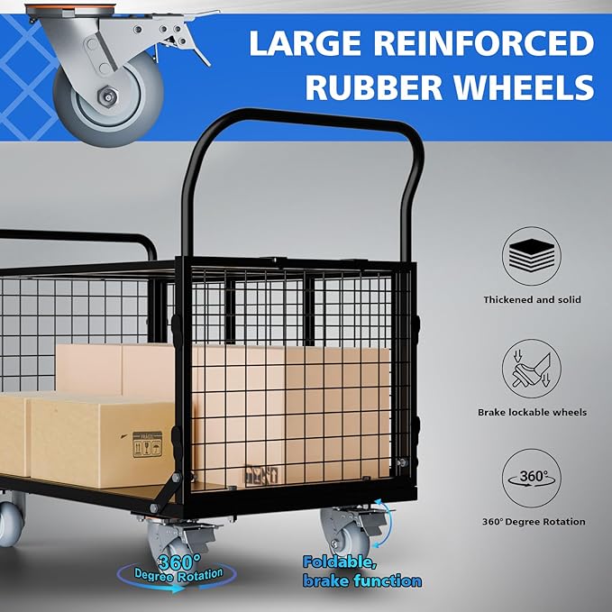 Platform Truck Cart with Cage, 5 in 1 Foldable Heavy Duty Platform Cart, 2500 LBS Capacity Heavy Duty PushCart with 4 Casters for Grocery, Laundry, Warehouse, Pantry, Garden