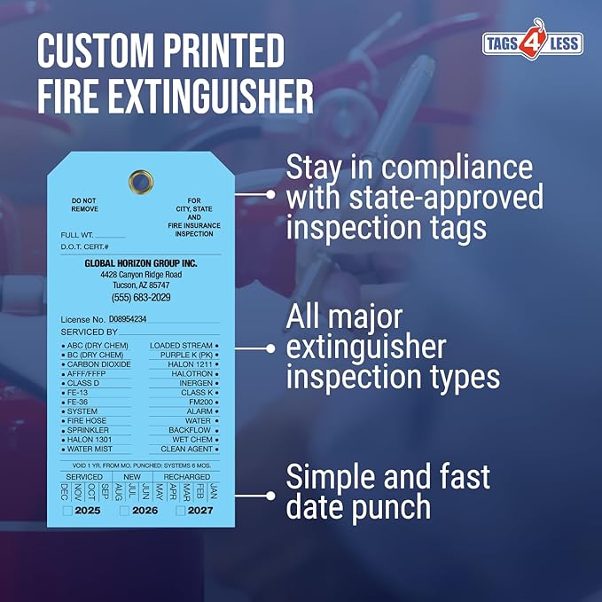 Tags 4 Less Custom Fire Extinguisher Tags – Preventative Maintenance Labels for Monthly Inspections, Alternative to Safety Sticker for Easy Record-Keeping – Pack of 100 (Light Blue, Vinyl Plastic)