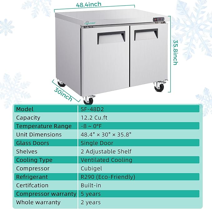 48" Commercial Double Door Worktop Freezer, 12.2 Cu.ft Stainless Steel Undercounter Freezer, -8–0°F, R290