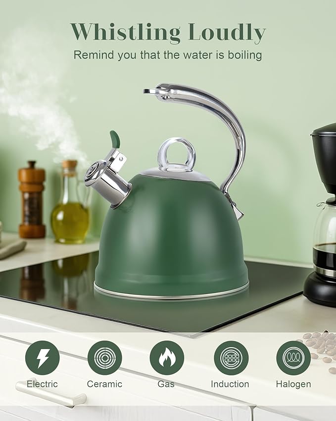 Harriet Tea Kettle Stovetop, 2.5 Quart Whistling Stainless Steel Tea Pot, 3-Layer Base, Unique Ergonomic Handle, Includes Pot Holder & Mat, Electric/Induction/Gas Stovetops Applicable, Green