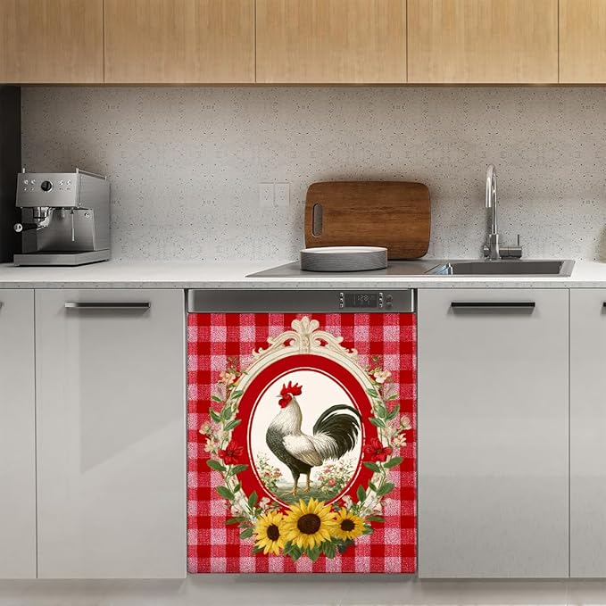 Dishwasher Magnet Cover Red Checkered Rooster Dishwasher Door Cover Panel Decals Magnetic Refrigerator Covers for Kitchen Farmhouse Home Decor 23 X 26 in