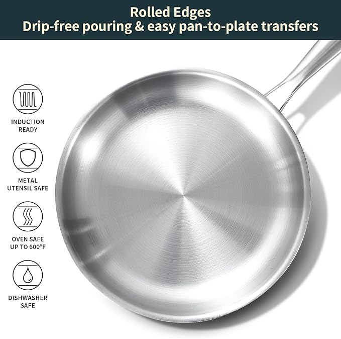 DELARLO Tri-Ply Stainless Steel Frying Pan with Lid, Compatible with All Cooktops Up to 600℉, Heavy Duty, 8 inch Fry Pan with Lid, Fast & Even Heat, 8 inch Skillet, 18/10 Stainless Steel Pan