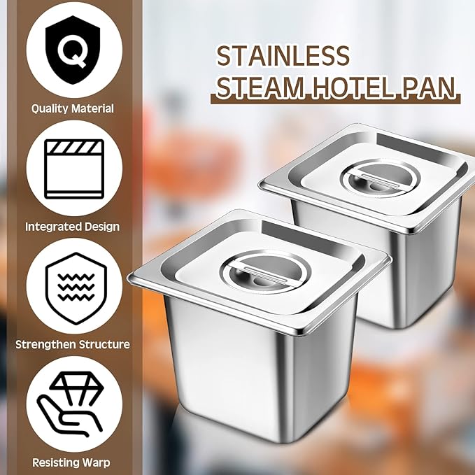 Baderke 4 Pack 1/6 Size Hotel Steam Table Pans with Lids, 6 Inch Deep 0.7 mm Thick 304 Stainless Steel Hotel Pans for Food Warmer, Cooking, Catering, Buffet and Commercial Kitchen Use