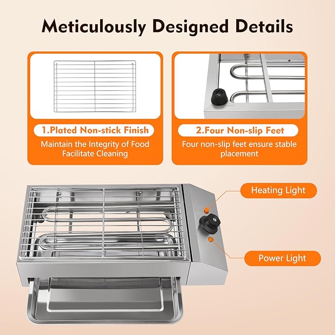 1800W Countertop Electric BBQ Grill Stainless Steel Party Grill Electric Barbecue Cooking Machine, Smokeless Party Grill Barbecue Tool, Fits Home Camping