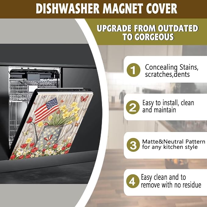 Patriotic American Flag Dishwasher Magnet Cover,Pastoral Flowers Butterfly Magnetic Dishwasher Cover Vinyl Sticker,Fridge Door Cover Magnets Art Skin Panel Decal,Home Decor Decal,23"X26"