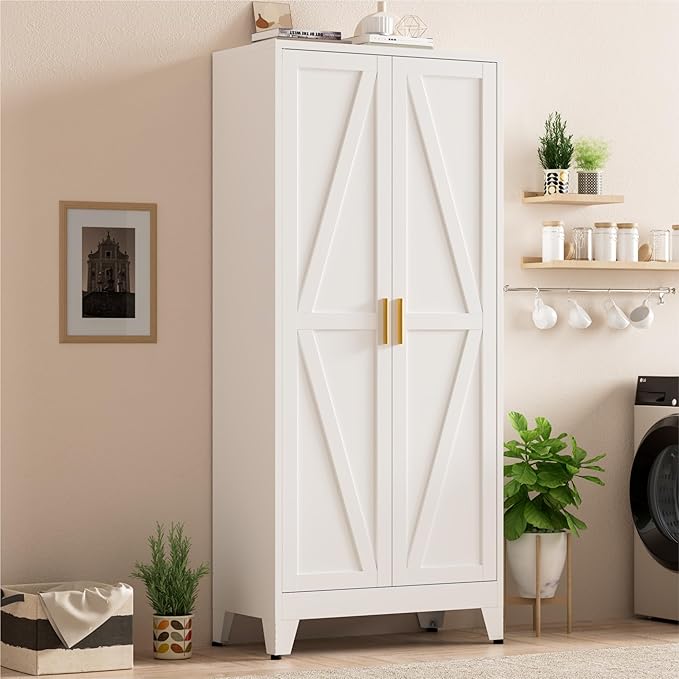 Metal Kitchen Pantry Cabinet,71" White Farmhouse Storage Cabinet with 2 Vintage Barn Doors and 4 Adjustable Shelves, Rustic Freestanding Cupboard for Kitchen,Home Office Living Room,Dining Room