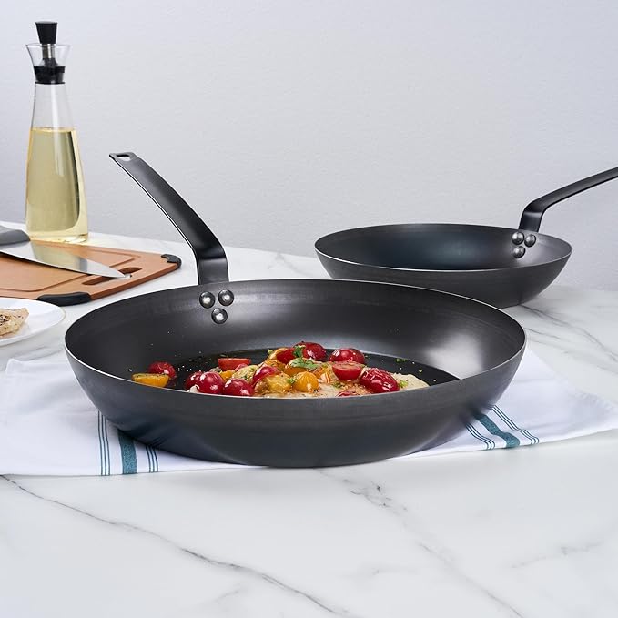 Restaurantware-Met Lux 14 Inch Fry Pans, 6 Lightweight Frying Pans - Induction-Ready, Triple-Riveted, Black Carbon Steel Cooking Skillets, Durable, For Searing, Sauteing, And Browning Food