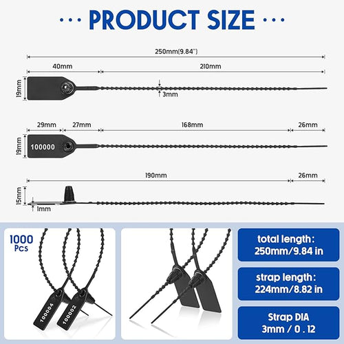 1000 Pcs Plastic Tamper Seals Fire Extinguisher Tags Security Tags Seals Safety Numbered Zip Ties Labels Safety Disposable Self Locking Signage 250 mm Length (Black)
