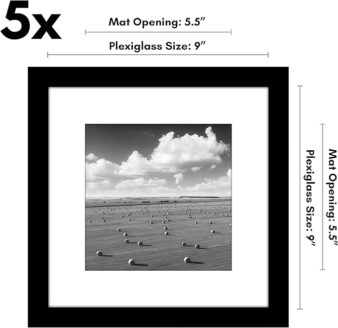 Americanflat 9x9 Picture Frame with Polished Plexiglass - Set of 5 - Use as 6x6 Frame with Mat or Display 9x9 Photo Without Mat - Galleria Collection - Square Frames for Tabletop and Wall - Black
