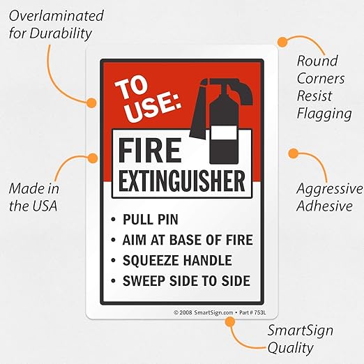 SmartSign 5" x 3.5" 'to Use Fire Extinguisher Pull Pin Aim at Base Squeeze Handle Sweep Side to Side' Sticker Label with Symbol, 3 mil Laminated Adhesive Polyester, Red/Black/White, USA-Made