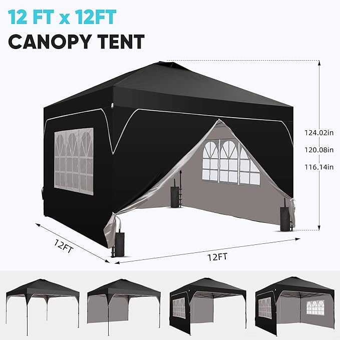 Saemoza 12x12 Pop Up Canopy Tent with One Push Setup, Outdoor Sun Shade Canopy with Vent Top for Backyard Party, Easy Up Instant Shelter with 4-Sandbags & Wheel Bag, Black.
