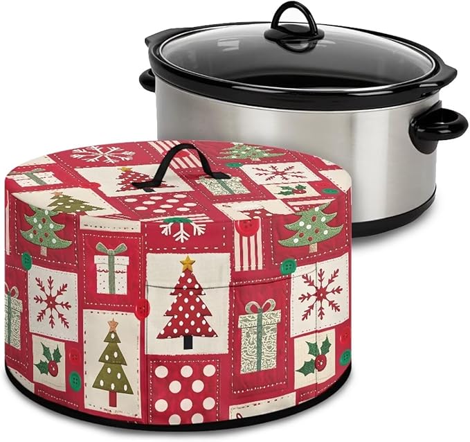 Christmas Tree Gift Snowflake Print Slow Cooker Cover with Accessory Pocket and Top Handle for Dust Protection and Easy to Remove Kitchen Appliance Organizer for Kitchen Christmas Decor