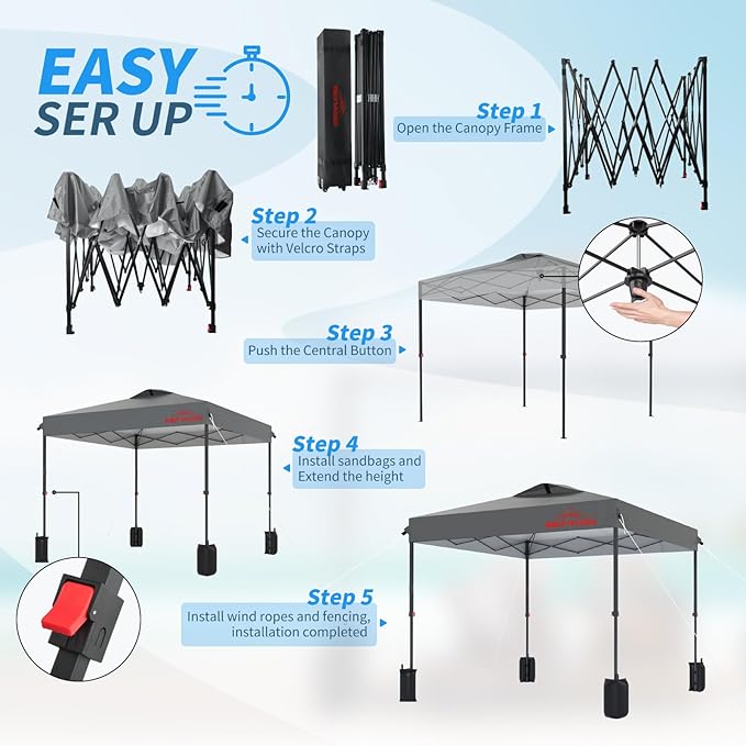 8x8 Pop Up Canopy, Easy Up Canopy Tent, Heavy Duty Tents for Parties, One Person Set Up Event Tent, Light Grey
