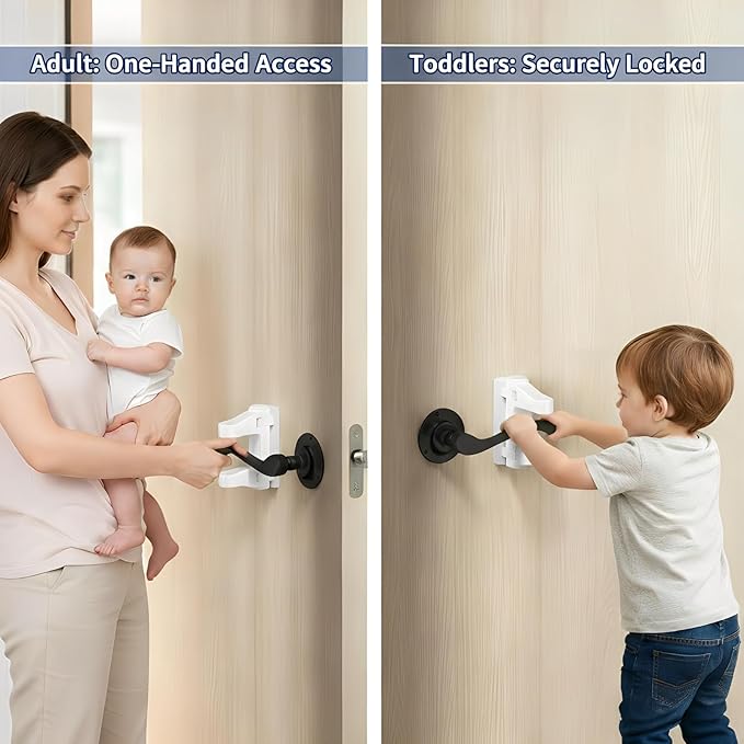 2-Pack Door Handle Baby Proof – Child Proof Door Lever Lock & Door Locks for Kids Safety, Stop Toddlers & Pets from Opening Doors – Easy One-Hand Use, No-Drill Adhesive – Fit Bath/Kitchen/Bedroom