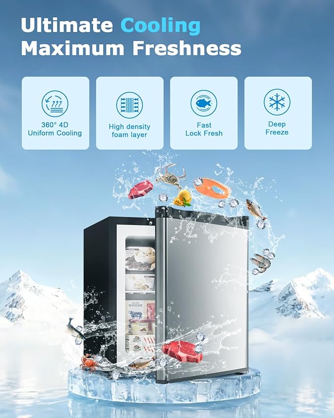 1.1 Cu.ft Mini Freezer - Compact Upright Freezer with 7 Adjustable Thermostat, Removable Shelf, Reversible Single Door, 360°Uniform Cooling Small freezer for Home Office Kitchen Dorm, Silver