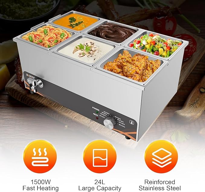 Commercial Food Warmer, 6 Pan 25QT Bain Marie Stainless Steel Electric Food Warmers, 1500W Buffet Warmer Soup Warmer with Temperature Control, Tap, Soup Spoon, for Catering Parties Restaurants