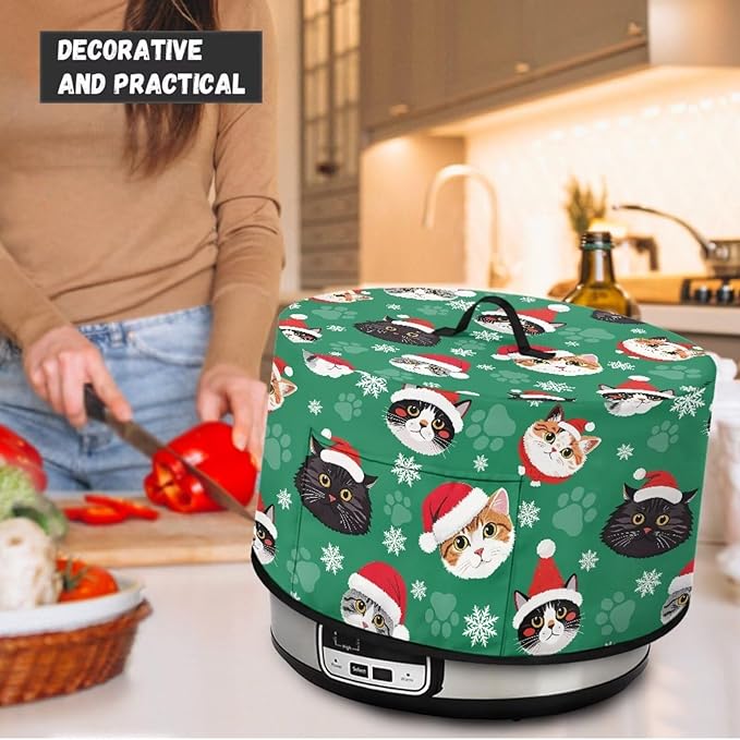 Cute Cats Christmas Hat Print Oval Slow Cooker Dust Cover Protective with 6-8 Quart Slow Cooker Recyclable and Practical Crock Pot Cover for Kitchen Appliances Christmas Decor