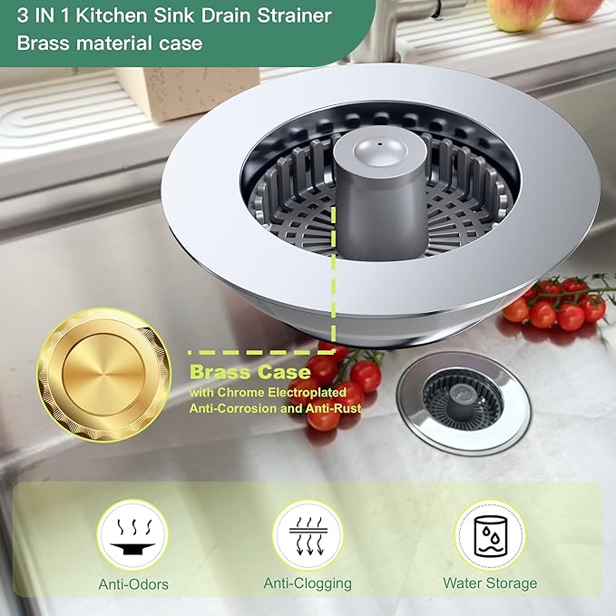 Kitchen Sink Drain Strainer, Sink Strainer, 3 in 1 Kitchen Sink Stopper, Sink Drain Stopper with an Extra Anti-Clog Sink Strainer Basket for Standard 3-1/2" Drain, Brass Material Electroplated Chrome