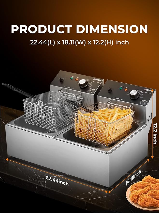 Commercial Deep Fryer with Basket, 3400W 20.7Qt Dual Tank Deep Fryer with Temperature Control, Large Capacity Stainless Steel Electric Countertop Fryer for Restaurant or Home Use
