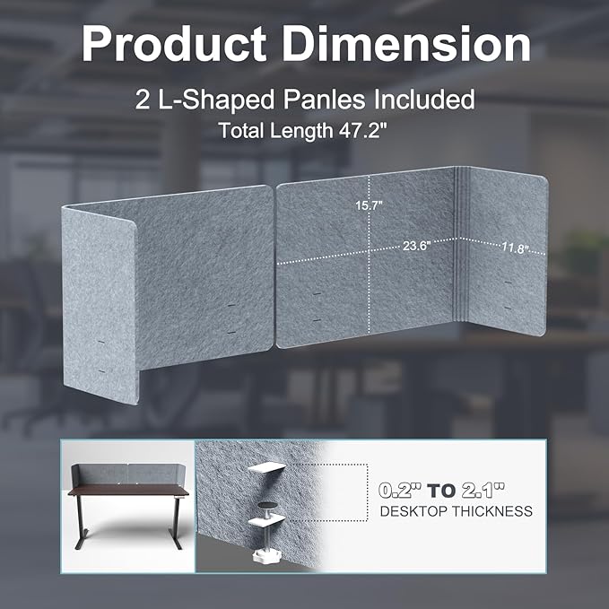 Desk Privacy Panel,2PCS L-Shaped Clamp-On Office Desk Divider,2-in-1 Adjustable Acoustic Desktop Partition Or Under Desk Modesty Screen,for Office,Home,Felt (Grey, 47.2" x 15.7")