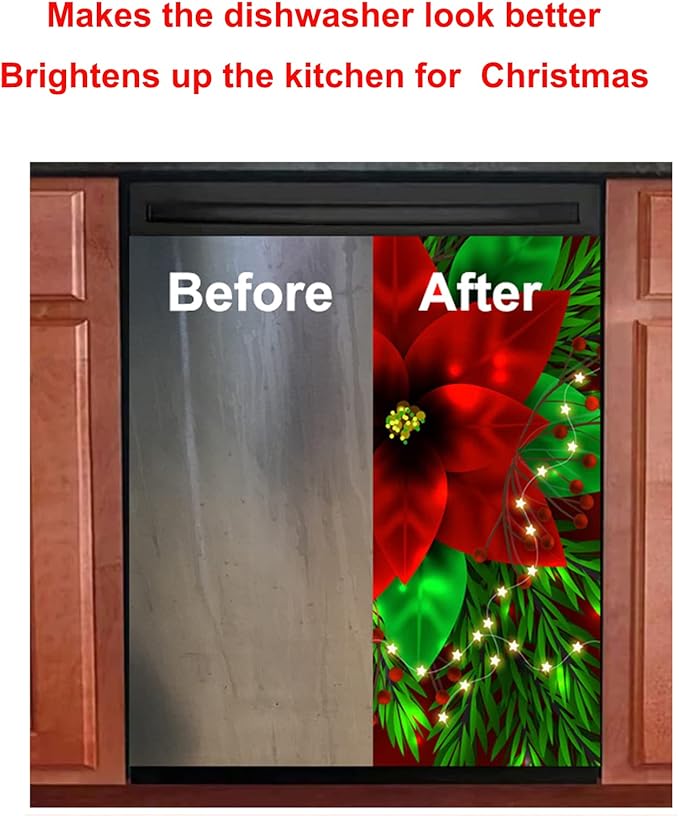 ALAZA Dishwasher Magnet Cover Panel for The Front,Christmas Red Poinsettia Snowflakes Magnetic Covers Sticker Decal Washing Machine Decorative Home Season Decor,26x23