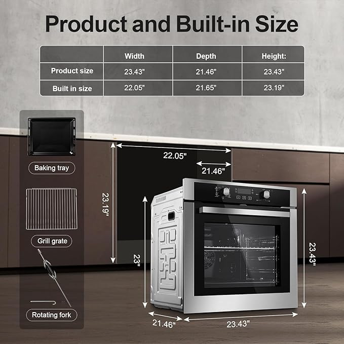 Wall Ovens 24 Inch Electric 3220W,2.8 Cu.Ft Single Wall Oven with 3-Key Digital Control,for Precise Baking,360° Rotisserie, 9 Functions & Easy-Clean Enamel Cavity for restaurant, and home