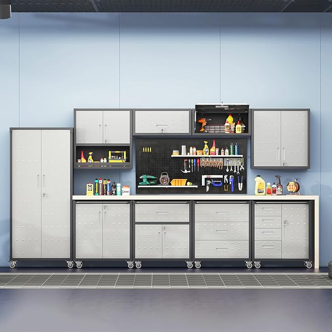 Garage Storage Cabinet with Wheels Metal Garage Cabinets with Drawer Heavy Duty Steel Rolling Tool Cabinet with Lock Rolling Tool Cart Mobile Cabinet for Warehouse Basement, Assembly Required