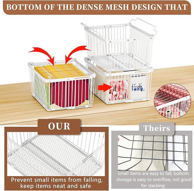 Large Freezer Organizer Bins，Upgraded Bottom Leak-Proof net，Fit 5 to 9 Cu Ft Chest Freezer，4 Pack， Expandable Stackable Chest Freezer Containers with Handle (White-4P)