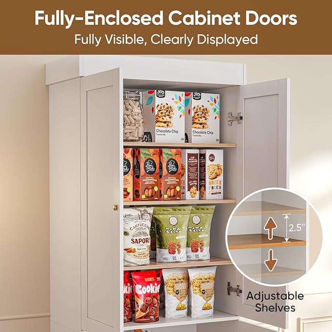 70.8" Tall Farmhouse Kitchen Pantry Cabinet with Doors, Modular Storage Cabinet with 4-Tier Adjustable Shelves, White, Wooden Hutch for Living Room, Kitchen