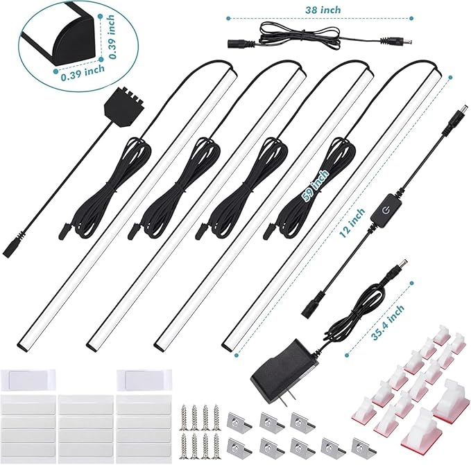 JUSJUBR Black Display Shelf Lighting, 4 Pack x12 Inch Display Lights for Display Case, LED Display Lights with Memory Function, Display Cabinet Lights for Pantry/Shelf/Case, Warm White 3000K