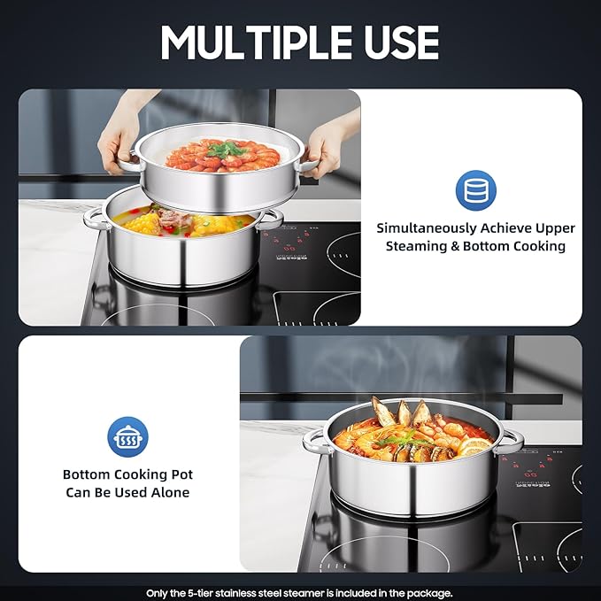 5-Tier Stainless Steel Steamer, 28cm Stackable Steamer with Clear Visible Lid, Large Capacity Cookware Steaming Pots for Bread, Dumplings, Vegetables