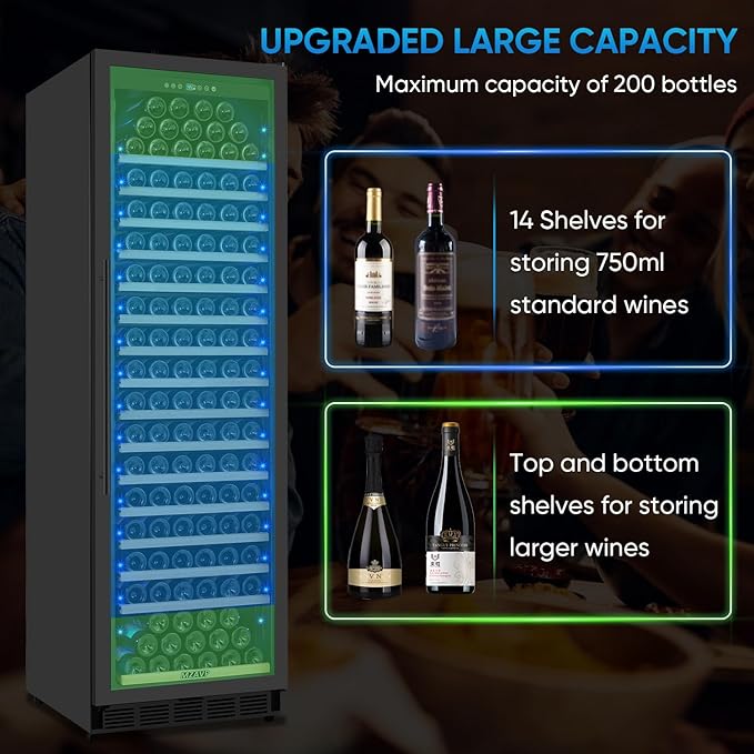Large Wine Fridge, 200 Bottles Wine Fridge with Fast Cooling and Intelligent Temperature Memory, Wine Cooler Refrigerator Freestanding or Built-in, Tall Wine Refrigerator with Glass Door, Black