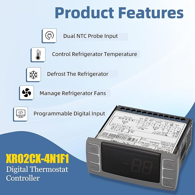 for Dixell XR02CX-4N1F1 Temperature Controllers, Programmable Digital Thermostat with Sensor Probe Fit for 120V 50-60hz Commercial Refrigerators/Freezer (Includes Mounting Hardware)