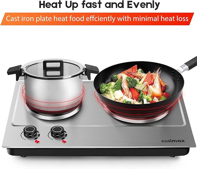 CUSIMAX 1800W Double Hot Plate, Stainless Steel Silver Countertop Burner Portable Electric Double Burners Electric Cast Iron Hot Plates Cooktop, Easy to Clean, Upgraded Version C180N