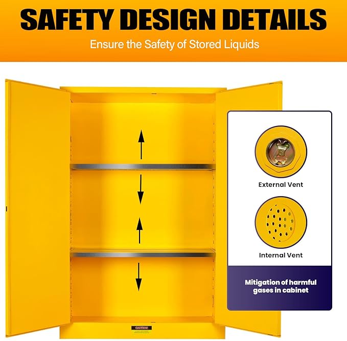 Flammable Storage Cabinet 70 Gallon Yellow, Galvanized Steel Large-Capacity Fire Resistant Cabinet, Dual Vents & 3-Point Lock for Warehouses, Industrial Use & Residential Garages