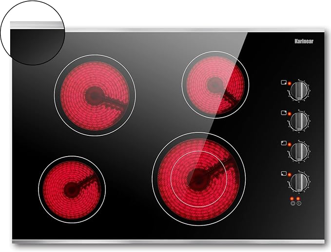 Karinear 30 Inch Electric Cooktop 4 Burners, Knob Control Built-in Ceramic Cooktop, 30" Radiant Electric Stove Top with Glass Protection Metal Frame,Hot Surface Indicator, 220-240v, Hard Wire, No Plug